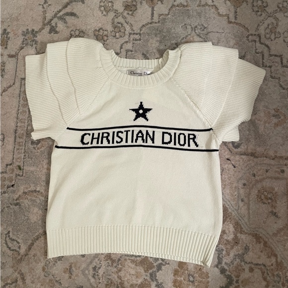 Dior Tops - Dior Cream Knit Short Sleeve Sweater with Black Logo